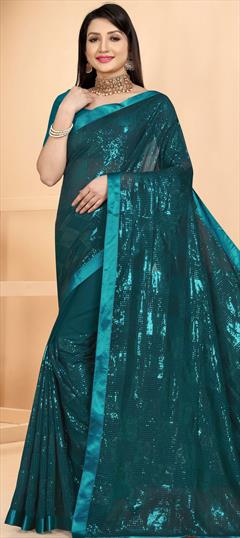 Festive, Party Wear Blue color Saree in Georgette fabric with Classic Sequence work : 1800600