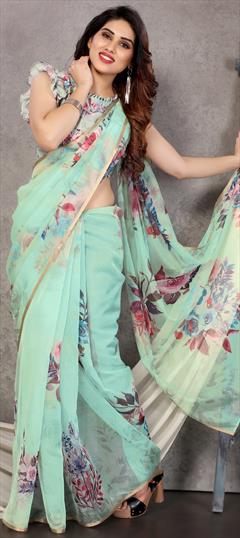 Casual, Traditional Green color Saree in Organza Silk, Silk fabric with South Digital Print, Floral work : 1800816