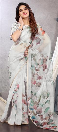 Casual, Traditional Black and Grey color Saree in Organza Silk, Silk fabric with South Digital Print, Floral work : 1800822