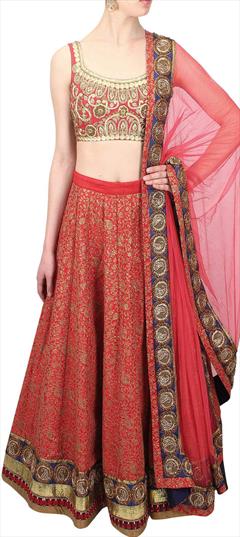 Mehendi Sangeet, Reception Red and Maroon color Lehenga in Art Silk fabric with A Line Printed, Sequence, Thread work : 1800907