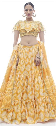 Reception, Wedding Yellow color Lehenga in Jacquard fabric with A Line Printed, Tye n Dye work : 1801054
