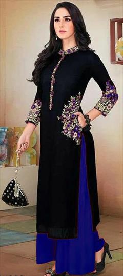 Casual Black and Grey color Kurti in Rayon fabric with Long Sleeve, Straight Embroidered work : 1801256