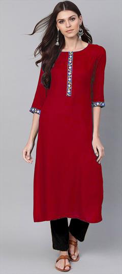 Casual Red and Maroon color Kurti in Rayon fabric with Long Sleeve, Straight Embroidered work : 1801257