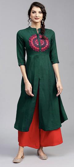 Casual Green color Kurti in Rayon fabric with Long Sleeve, Slits Embroidered work : 1801258