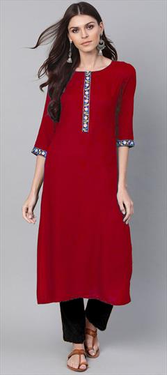 Casual Red and Maroon color Tunic with Bottom in Rayon fabric with Embroidered work : 1801312