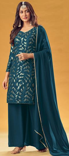 Festive, Party Wear Blue color Salwar Kameez in Faux Georgette fabric with Palazzo Embroidered, Sequence, Thread work : 1801387