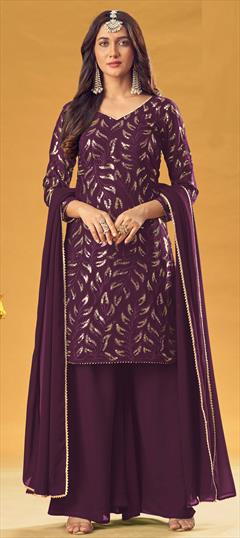 Festive, Party Wear Purple and Violet color Salwar Kameez in Faux Georgette fabric with Palazzo Embroidered, Sequence, Thread work : 1801388