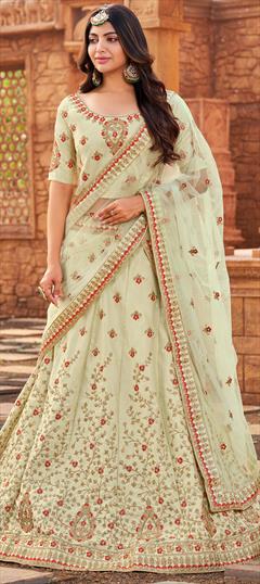 Engagement, Reception Green color Lehenga in Satin Silk fabric with A Line Embroidered, Lace, Stone, Thread work : 1801438