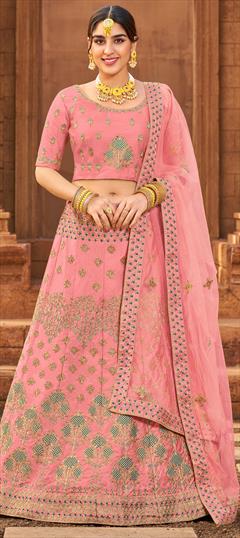 Engagement, Reception Pink and Majenta color Lehenga in Satin Silk fabric with A Line Embroidered, Lace, Stone, Thread work : 1801445