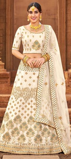 Engagement, Reception White and Off White color Lehenga in Satin Silk fabric with A Line Embroidered, Lace, Stone, Thread work : 1801448