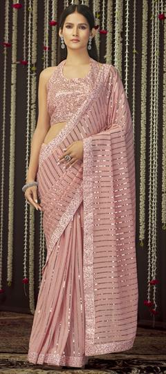 Designer, Party Wear, Reception Pink and Majenta color Saree in Georgette fabric with Classic Sequence, Thread work : 1801658