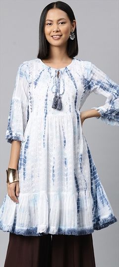 Party Wear White and Off White color Dress in Cotton fabric with Embroidered, Printed, Thread, Tye n Dye work : 1801874