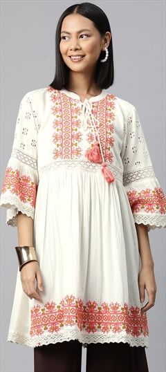 Party Wear White and Off White color Dress in Cotton fabric with Embroidered, Resham, Thread work : 1801877