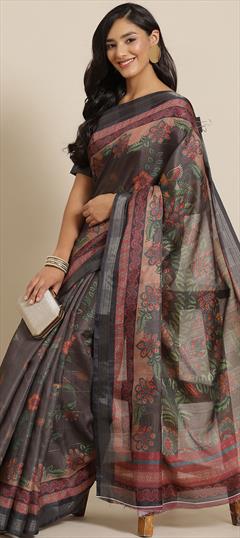 Casual, Traditional Black and Grey color Saree in Art Silk, Silk fabric with South Printed, Weaving work : 1801881