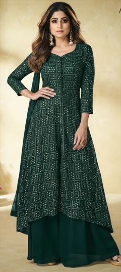 Bollywood Green color Salwar Kameez in Faux Georgette fabric with Asymmetrical Embroidered, Sequence, Thread work : 1801939