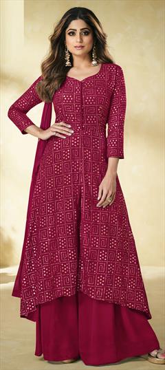 Bollywood Red and Maroon color Salwar Kameez in Faux Georgette fabric with Asymmetrical Embroidered, Sequence, Thread work : 1801940