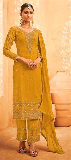 Festive, Party Wear Yellow color Salwar Kameez in Faux Georgette fabric with Straight Embroidered, Lace, Stone, Thread work : 1801961
