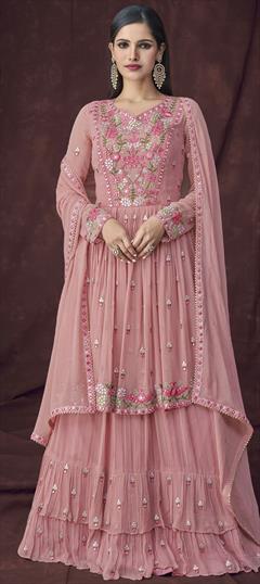 Engagement, Reception Pink and Majenta color Long Lehenga Choli in Faux Georgette fabric with Embroidered, Mirror, Resham, Thread work : 1802122
