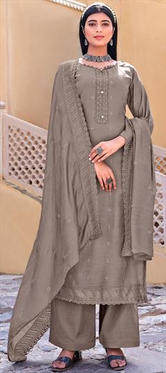 Party Wear Black and Grey color Salwar Kameez in Muslin fabric with Palazzo, Straight Embroidered, Sequence work : 1802140
