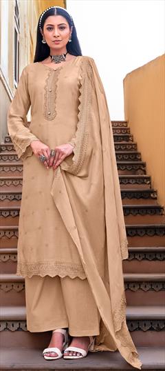 Party Wear Beige and Brown color Salwar Kameez in Muslin fabric with Palazzo, Straight Embroidered, Sequence work : 1802141