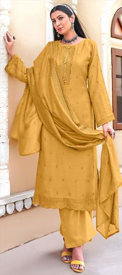 Party Wear Yellow color Salwar Kameez in Muslin fabric with Palazzo, Straight Embroidered, Sequence work : 1802143