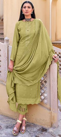 Casual, Party Wear Green color Salwar Kameez in Muslin fabric with Palazzo, Straight Embroidered, Sequence work : 1802144