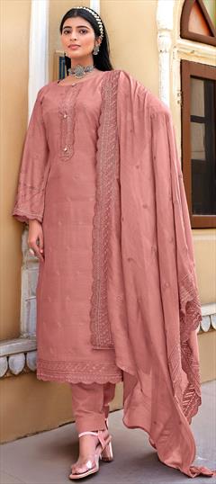 Party Wear Pink and Majenta color Salwar Kameez in Muslin fabric with Palazzo, Straight Embroidered, Sequence work : 1802145