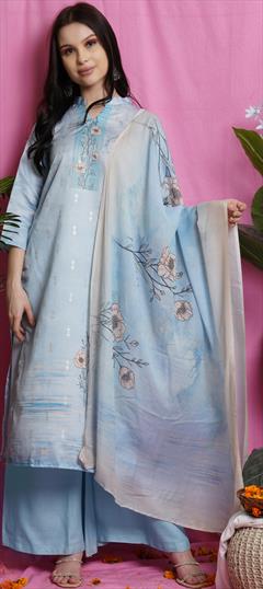 Party Wear Blue color Salwar Kameez in Satin Silk fabric with Palazzo Digital Print, Floral, Resham work : 1802158
