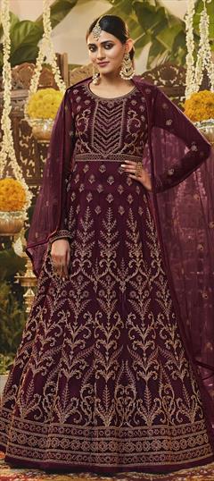 Festive, Party Wear Red and Maroon color Salwar Kameez in Net fabric with Anarkali Thread, Zari work : 1802193