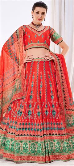 Mehendi Sangeet, Reception Red and Maroon color Lehenga in Chiffon fabric with A Line Digital Print work : 1802204