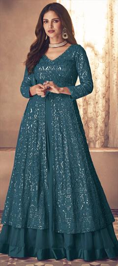 Engagement, Reception Blue color Long Lehenga Choli in Faux Georgette fabric with Embroidered, Sequence, Thread work : 1802350