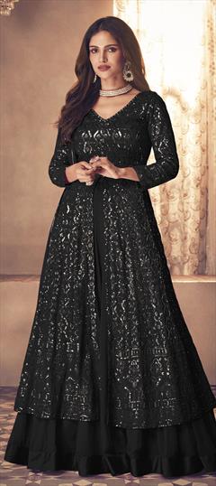 Engagement, Reception Black and Grey color Long Lehenga Choli in Faux Georgette fabric with Embroidered, Sequence, Thread work : 1802357