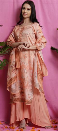 Festive, Party Wear Pink and Majenta color Salwar Kameez in Satin Silk fabric with Palazzo, Straight Digital Print, Floral, Resham, Sequence work : 1802365