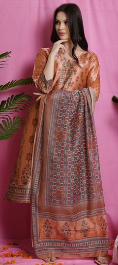Festive, Party Wear Orange color Salwar Kameez in Blended fabric with Straight Digital Print, Floral work : 1802382