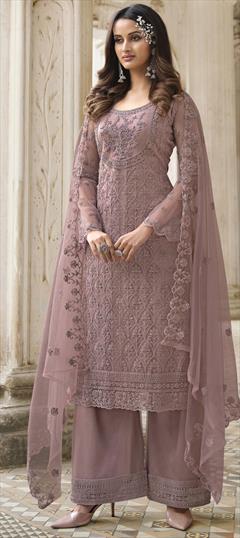Party Wear Purple and Violet color Salwar Kameez in Net fabric with Palazzo, Straight Sequence, Thread work : 1802409