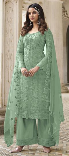 Party Wear Green color Salwar Kameez in Net fabric with Palazzo, Straight Sequence, Thread work : 1802411