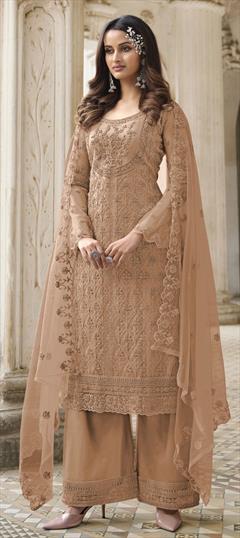 Party Wear Beige and Brown color Salwar Kameez in Net fabric with Palazzo, Straight Sequence, Thread work : 1802414