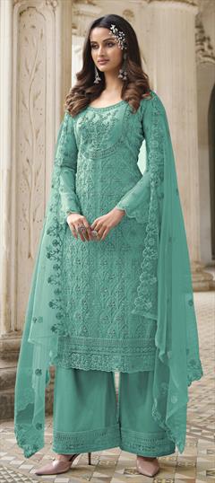 Party Wear Blue color Salwar Kameez in Net fabric with Palazzo, Straight Sequence, Thread work : 1802416