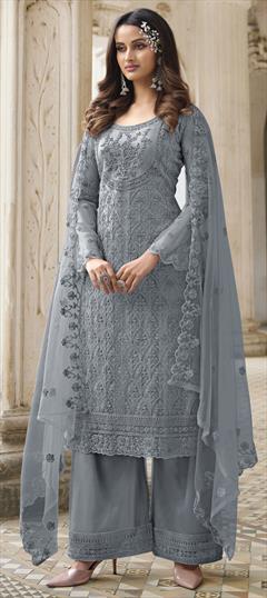 Party Wear Black and Grey color Salwar Kameez in Net fabric with Palazzo, Straight Sequence, Thread work : 1802417