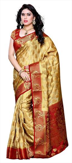 Traditional, Wedding Beige and Brown color Saree in Kanchipuram Silk, Silk fabric with South Weaving, Zari work : 1802484