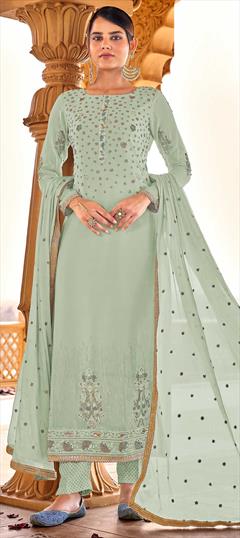 Party Wear Green color Salwar Kameez in Faux Georgette fabric with Straight Bugle Beads, Sequence, Thread work : 1802513