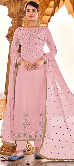 Party Wear Pink and Majenta color Salwar Kameez in Faux Georgette fabric with Straight Bugle Beads, Sequence, Thread work : 1802514