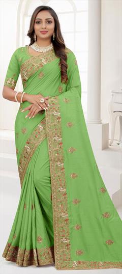 Traditional, Wedding Green color Saree in Art Silk, Silk fabric with South Embroidered, Resham, Thread, Zari work : 1802598