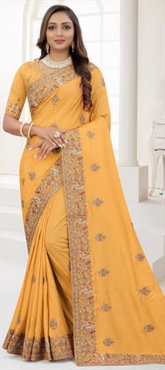 Traditional, Wedding Yellow color Saree in Art Silk, Silk fabric with South Embroidered, Resham, Thread, Zari work : 1802599