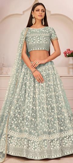 Festive, Reception Black and Grey color Lehenga in Net fabric with A Line Embroidered, Sequence, Thread work : 1802665