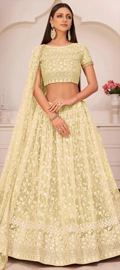 Festive, Reception Yellow color Lehenga in Net fabric with A Line Embroidered, Sequence, Thread work : 1802666