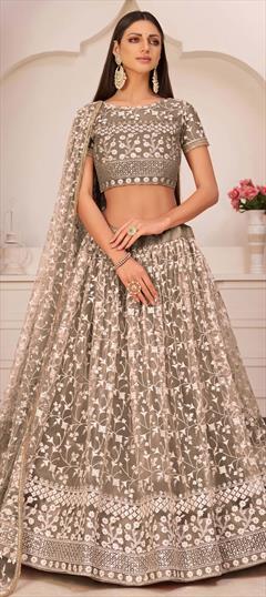 Festive, Reception Beige and Brown color Lehenga in Net fabric with A Line Embroidered, Sequence, Thread work : 1802667