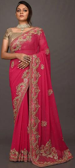 Bridal, Wedding Pink and Majenta color Saree in Georgette fabric with Classic Cut Dana, Zircon work : 1802676