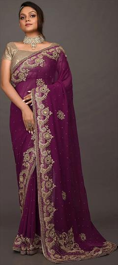Bridal, Wedding Purple and Violet color Saree in Georgette fabric with Classic Cut Dana, Zircon work : 1802678