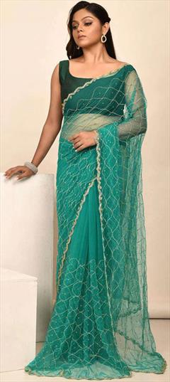 Bridal, Reception, Wedding Blue color Saree in Net fabric with Classic Cut Dana, Zircon work : 1802685